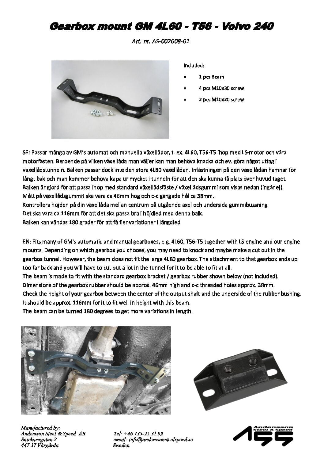 ASS Versnellingsbaksteun Volvo 240 - GM 4L60 / T56